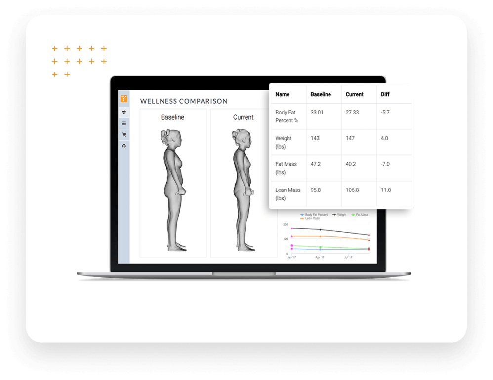 Wellness comparison dashboard showing body composition changes over time